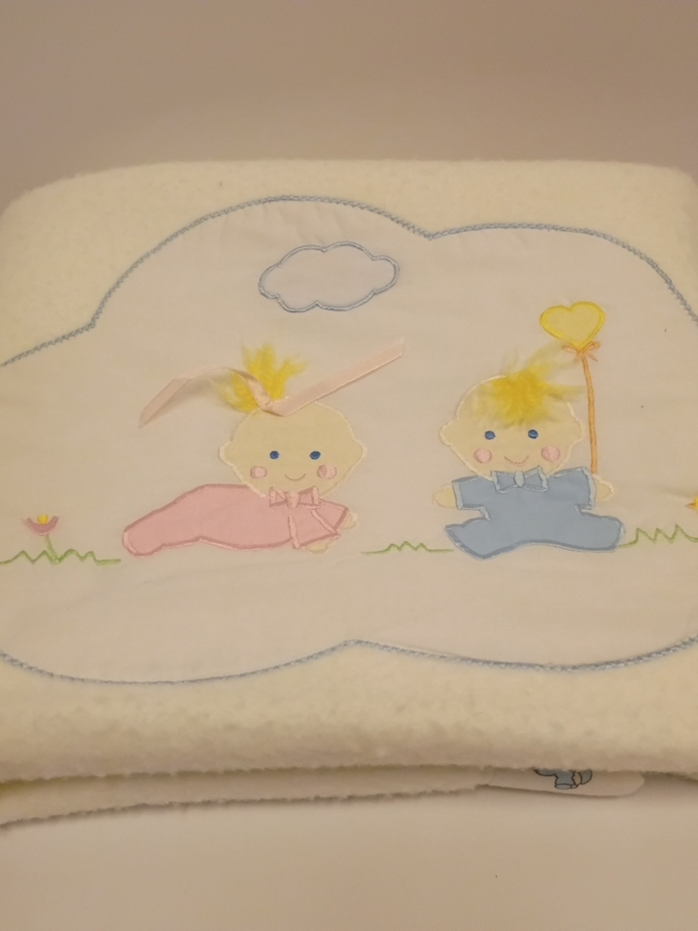 Plush Baby Blanket with Pink & Blue Appliqué Babies